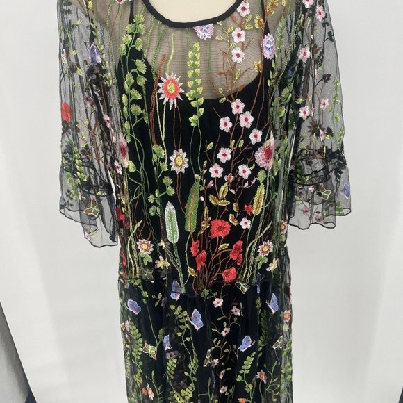 Lulu's 3D Floral Botanical Midi Dress Size Small Embroidered Sheer Black Mesh - Picture 5 of 16